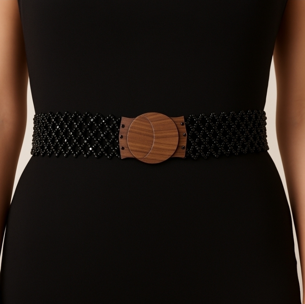 Elastic Wood Bead Belts, Black, 34.4 inch~38.3 inch